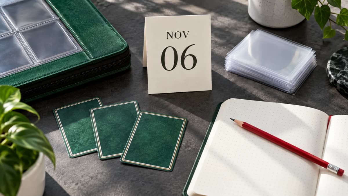 A November 6 date card beside a green binder and protective sleeves