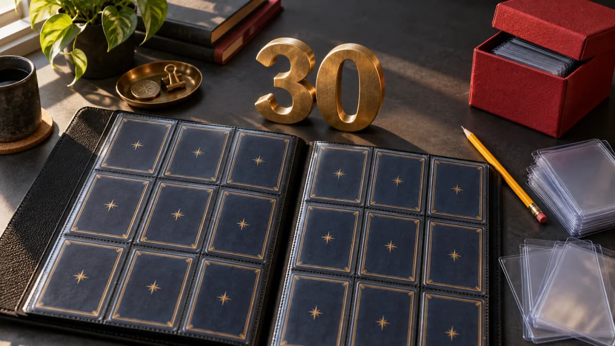 An open card binder, protective sleeves and a gold number 30 on a collector's desk